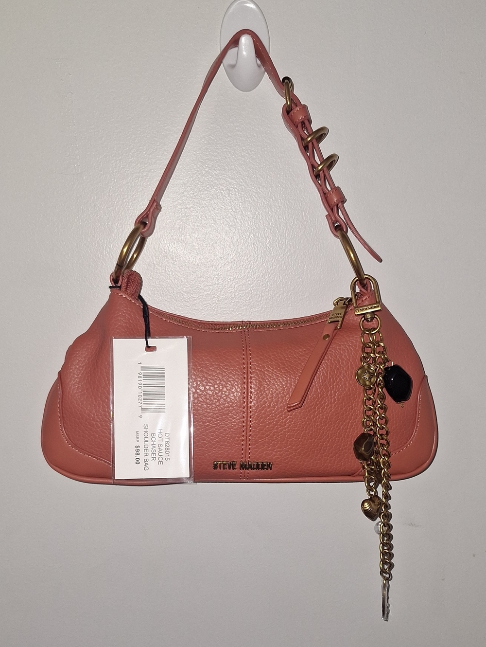 Steve Madden Coral Pink Leather Chain-Accent Shoulder Bag